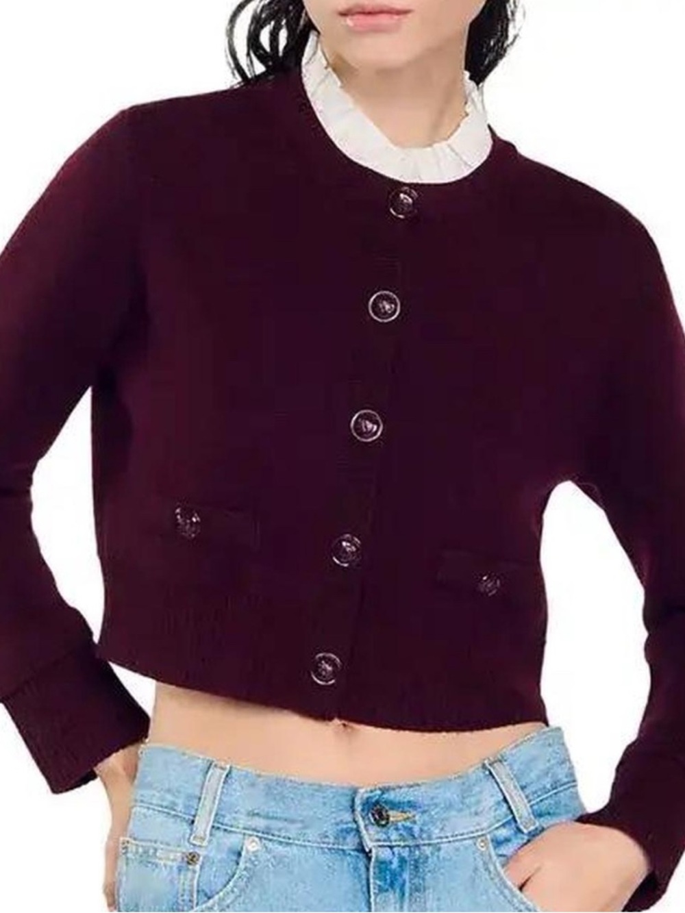 NWT) Sandro Burgundy Wool-Blend Ruffled-Collar Cardigan size2 - Picture 7 of 7